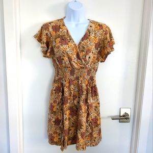 Jessica Simpson Floral Brown Beige and Orange V neck mini Dress size SX